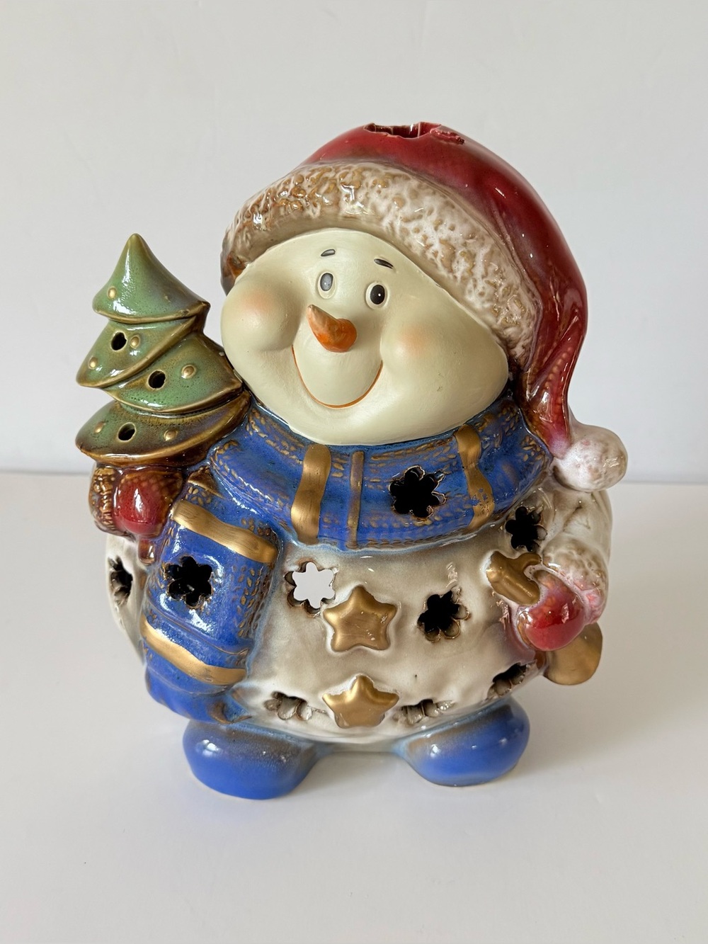 Ceramic Snowman Tea Light Candle Holder 10”Christmas Tree Star Cutouts Red Hat